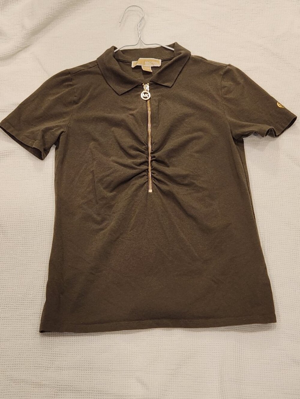 Michael Kors Dark Olive Green Gold Zip Polo Short Sleeve Shirt | Small